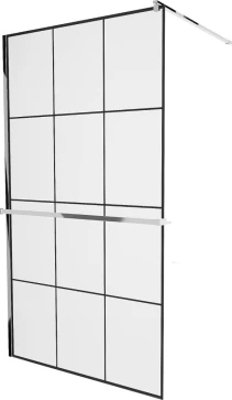 MEXEN/S - KIOTO Sprchová zástěna WALK-IN s poličkou a držákem ručníků 100 x 200, transparent/černá 8 mm, chrom 800-100-121-01-77