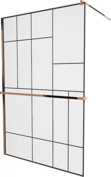 MEXEN/S - KIOTO Sprchová zástěna WALK-IN s poličkou a držákem ručníků 110 x 200, transparent/černá 8 mm růžové zlato 800-110-121-60-78